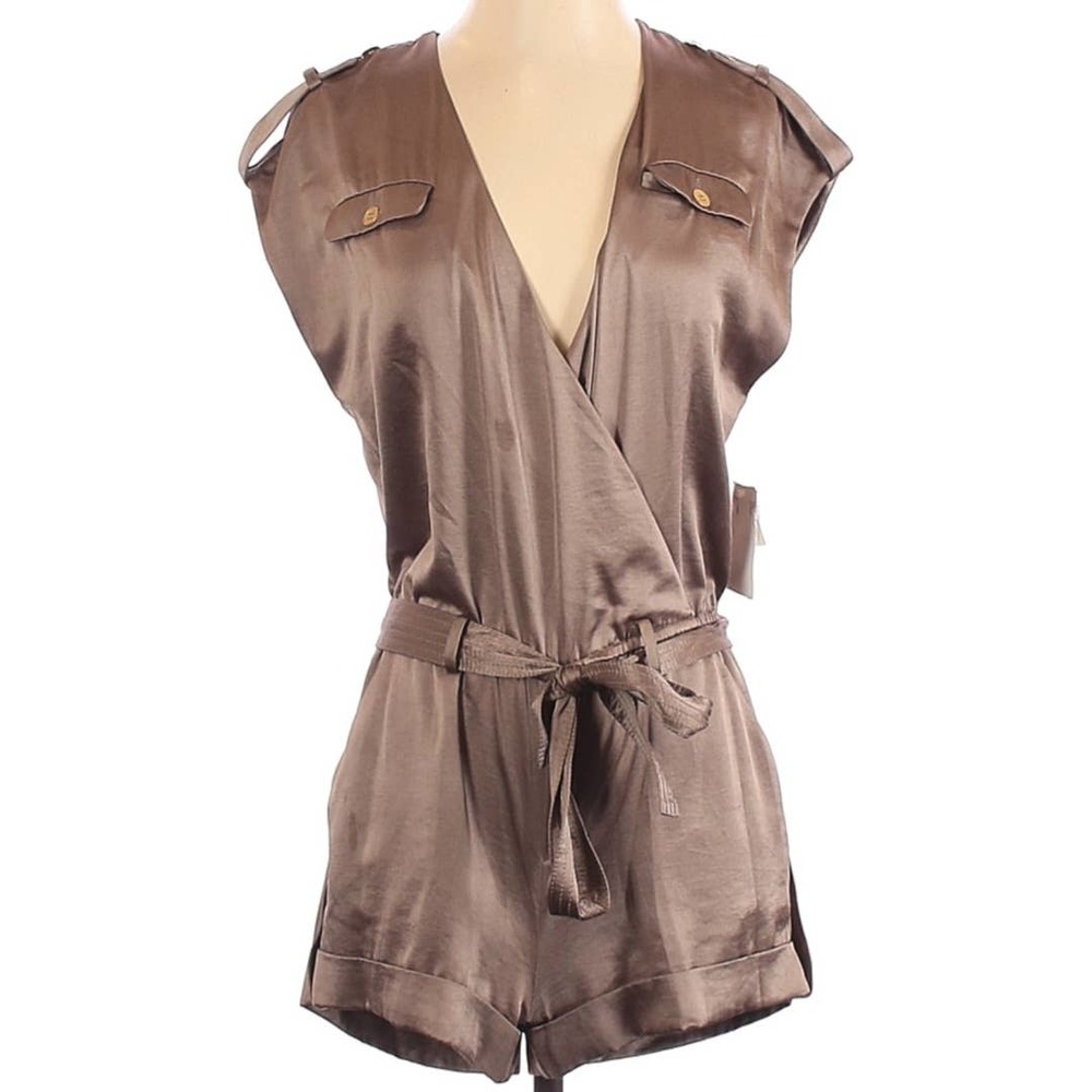 RACHEL Rachel Roy Brown Satin Surplice Romper with Waist Tie